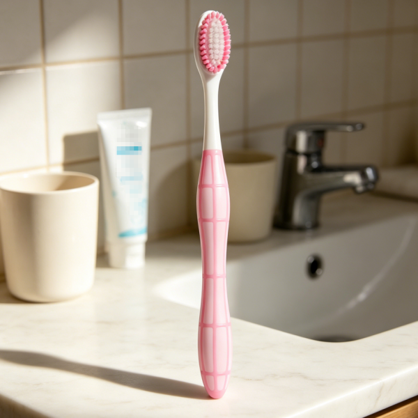 Soft manual toothbrush, gentle bristles, pink