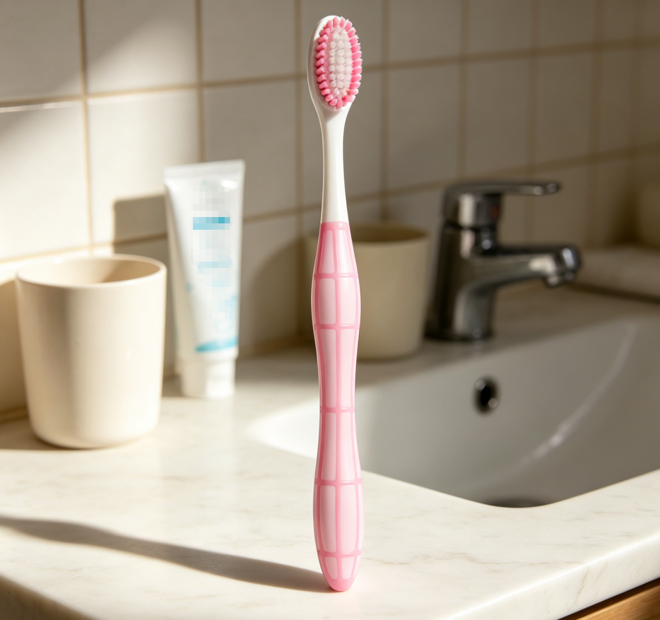 Soft manual toothbrush, gentle bristles, pink