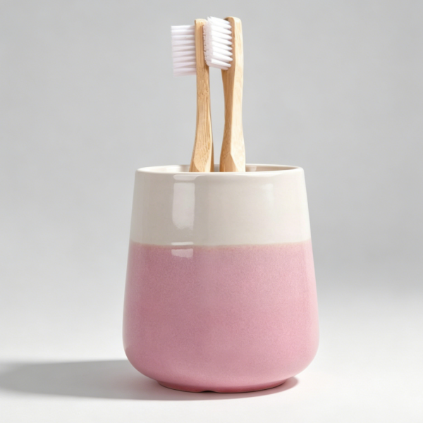 Ceramic toothbrush holder cup, beige and pink