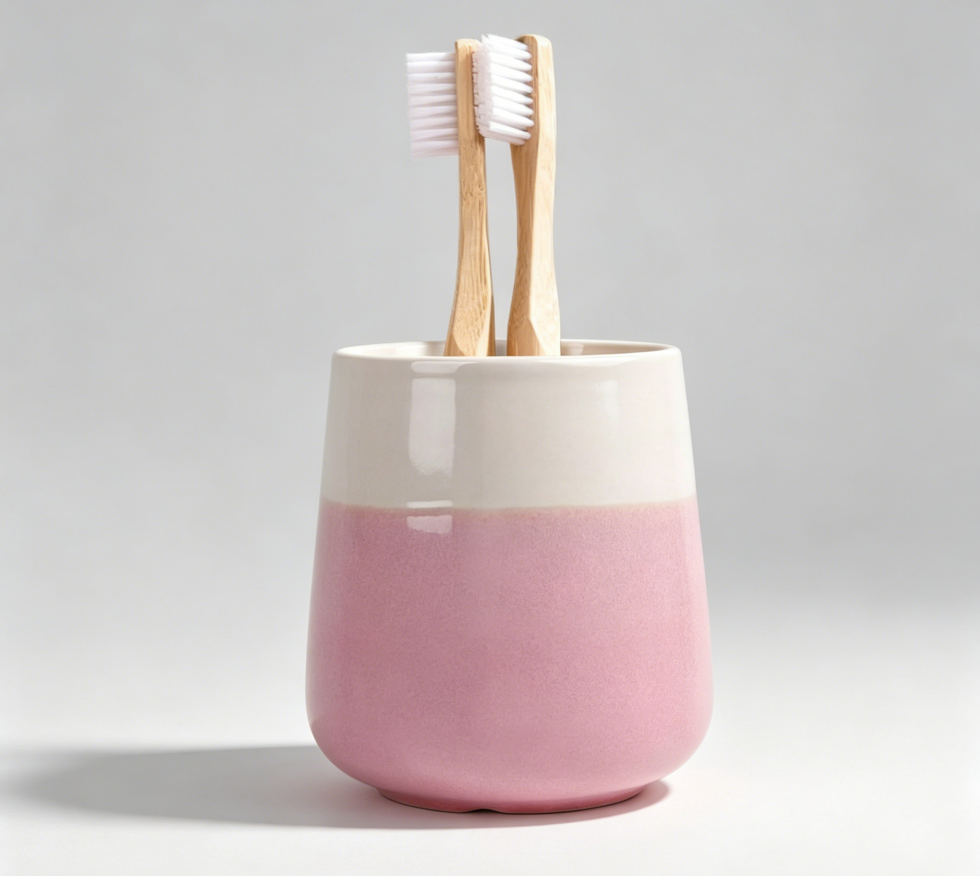 Ceramic toothbrush holder cup, beige and pink