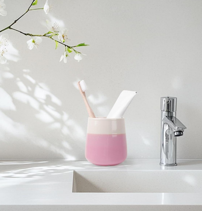 Ceramic toothbrush holder cup, beige and pink - Image 2