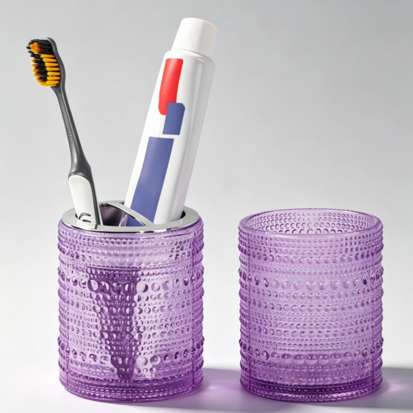 Purple glass toothbrush holder with divider