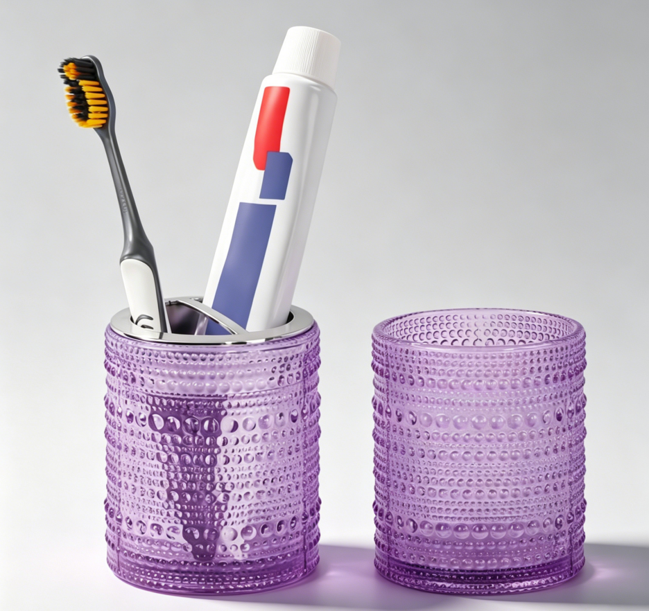 Purple glass toothbrush holder with divider