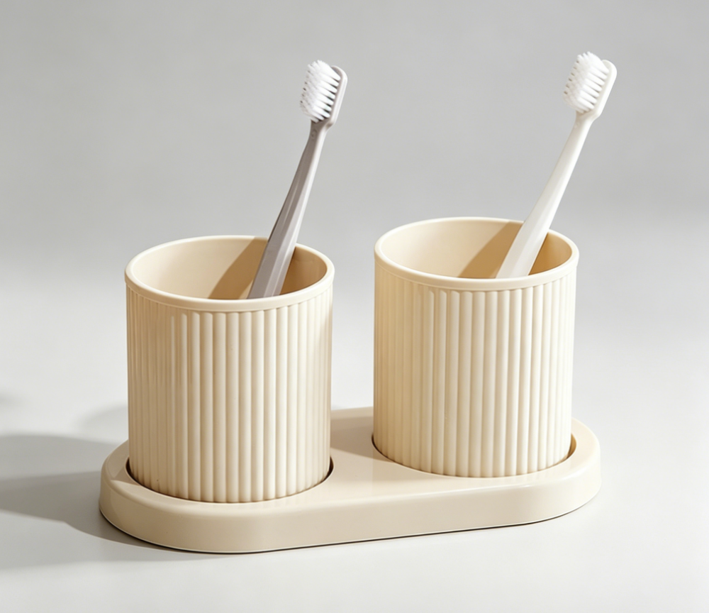 Couple’s toothbrush cup set with tray, beige