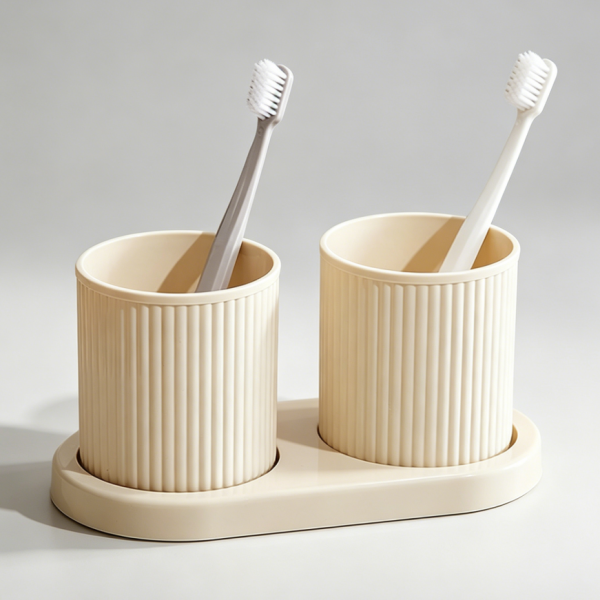 Couple’s toothbrush cup set with tray, beige