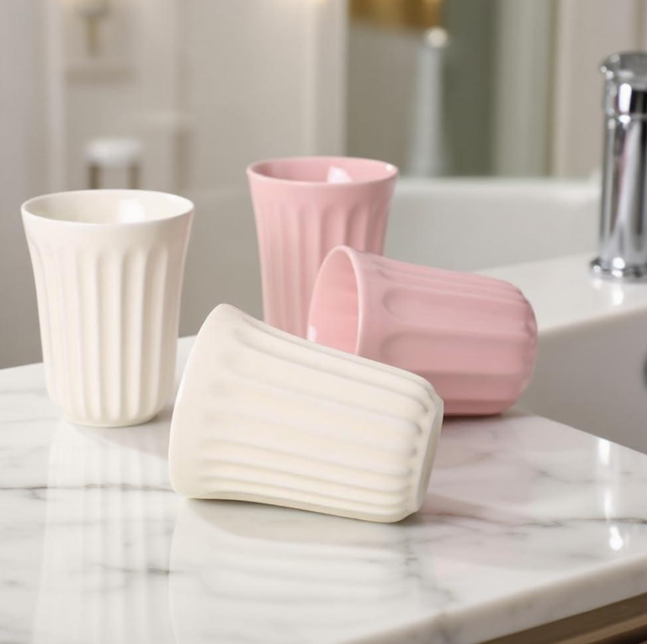 Ceramic toothbrush cup holder, white and pink, 2-pack - Image 2