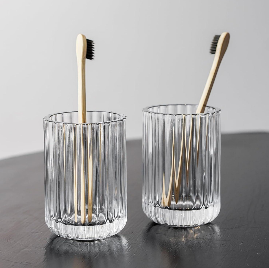 Transparent striped glass toothbrush cup, 2-piece