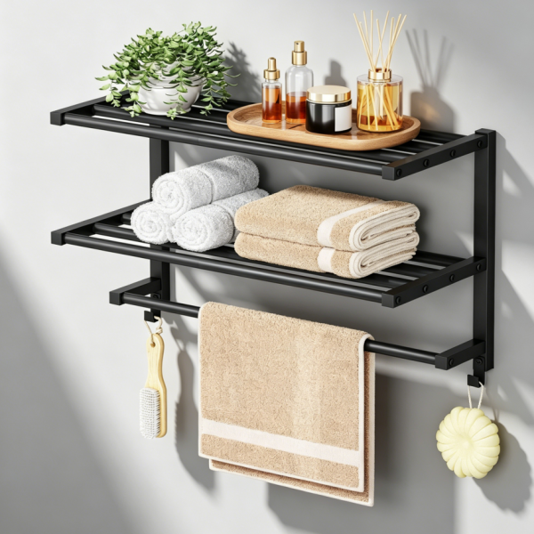 3-tier towel rack with 2 hooks, black
