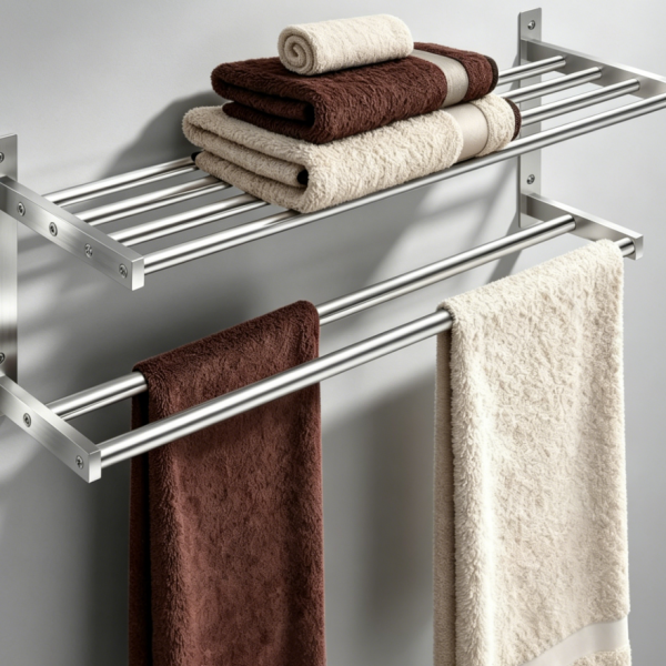 2-tier towel rack with shelf, brushed nickel
