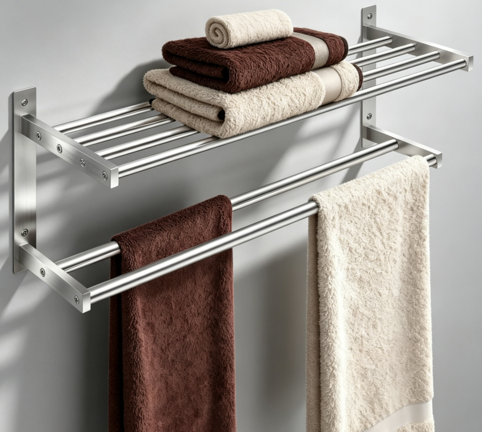 2-tier towel rack with shelf, brushed nickel