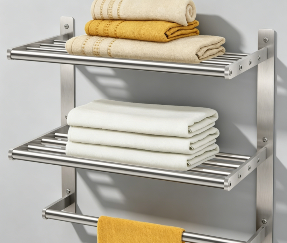 3-tier wall mounted towel shelf, brushed nickel