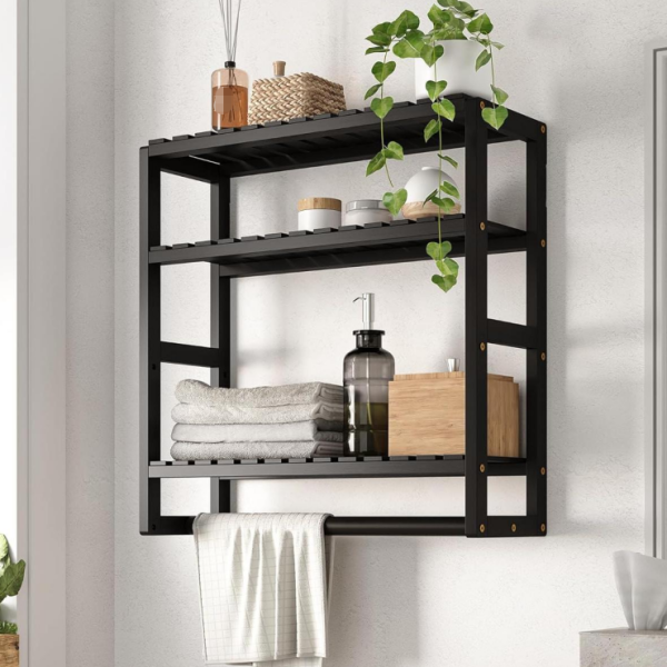3-tier bamboo over toilet storage shelf, black