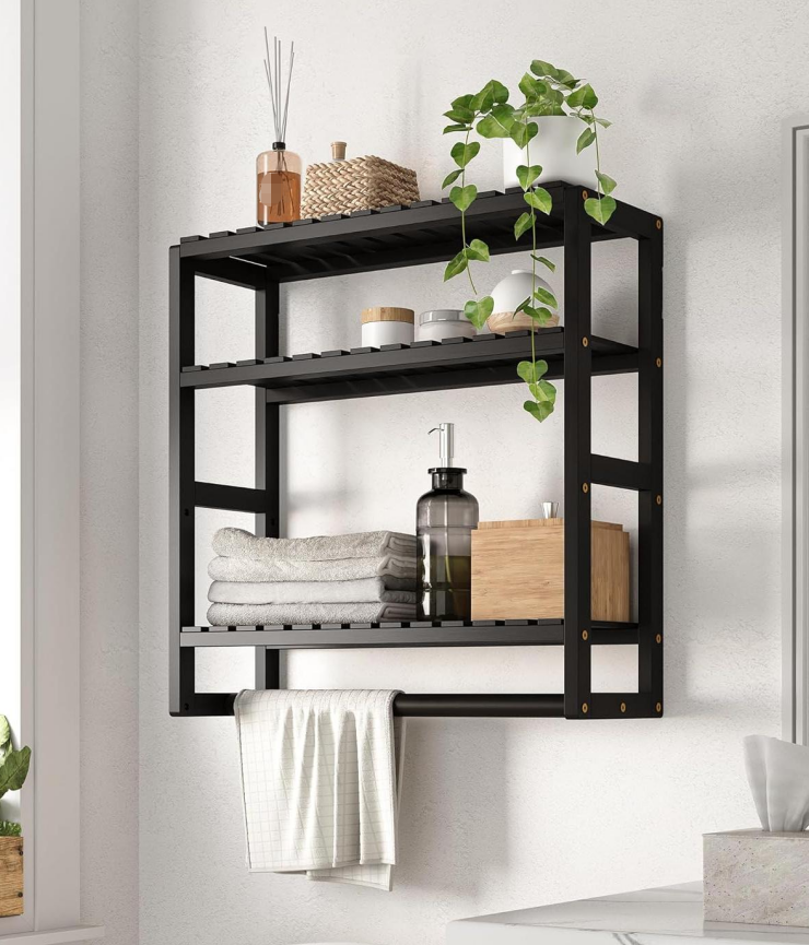 3-tier bamboo over toilet storage shelf, black