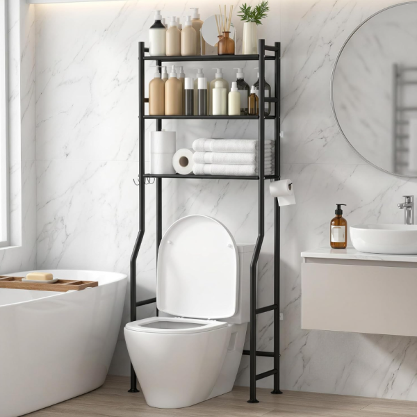 3-tier metal over-toilet shelf with hooks, black