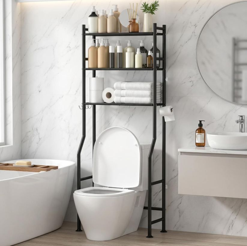 3-tier metal over-toilet shelf with hooks, black