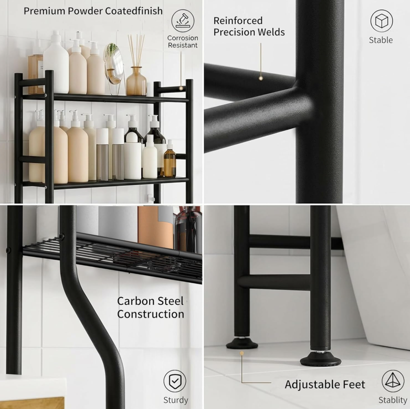 3-tier metal over-toilet shelf with hooks, black - Image 2